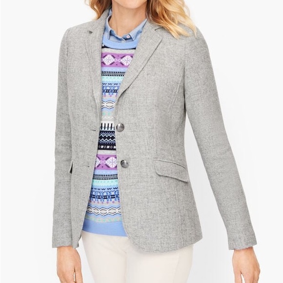 Talbots Petite Gray Wool Blend Classic Shetland Blazer with Fur Trim - Picture 4 of 13